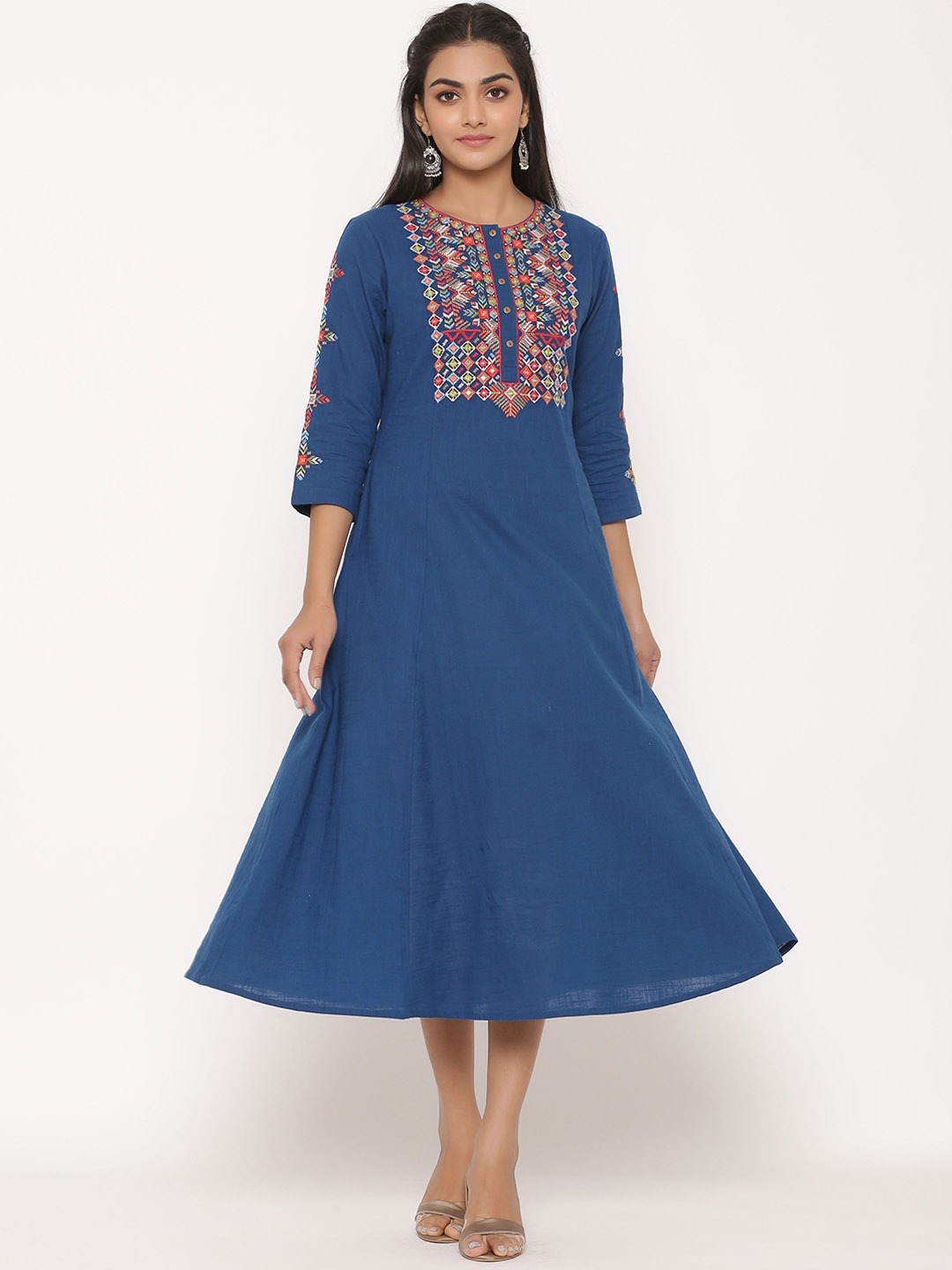 

fabGLOBAL Women Blue Embroidered A-Line Dress