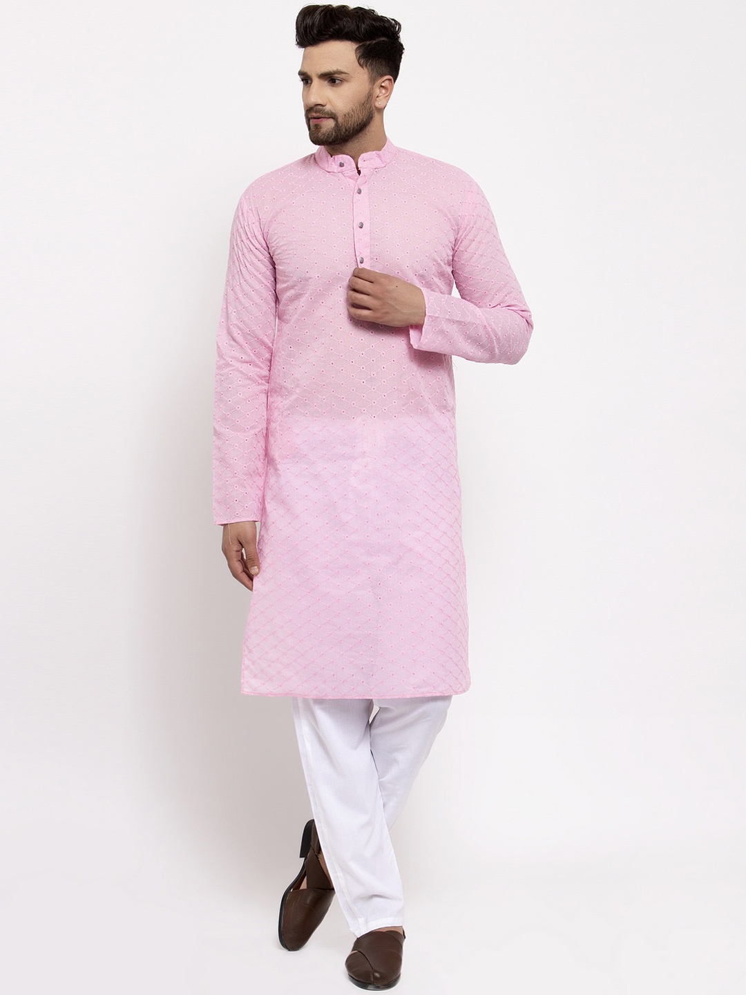 

Jompers Men Pink & White Solid Cotton Kurta with Pyjamas