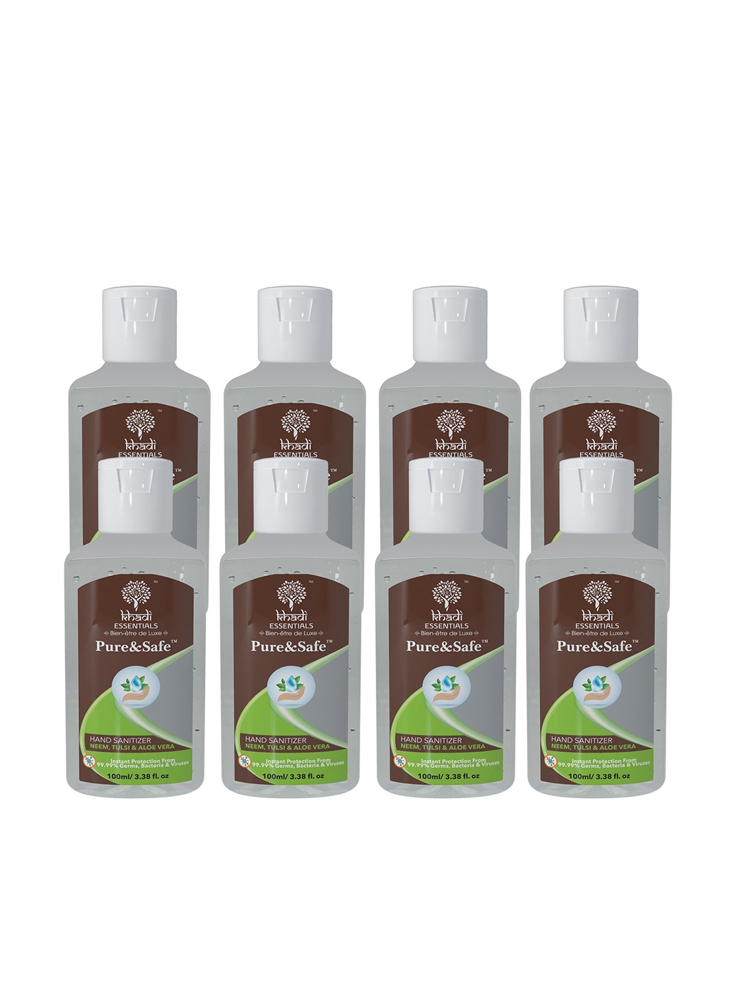 Khadi Essentials 70%+ Ethyl Alcohol Pocket Sanitizer for Hands 100ml Pack of 8 Non Drying, White