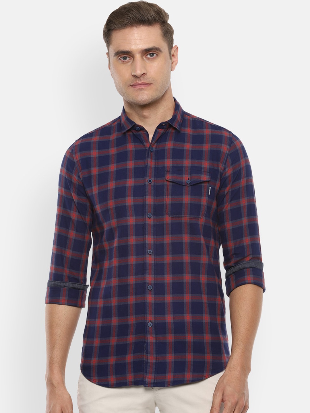 Louis Philippe Jeans Men Navy Blue & Red Slim Fit Checked Casual Shirt