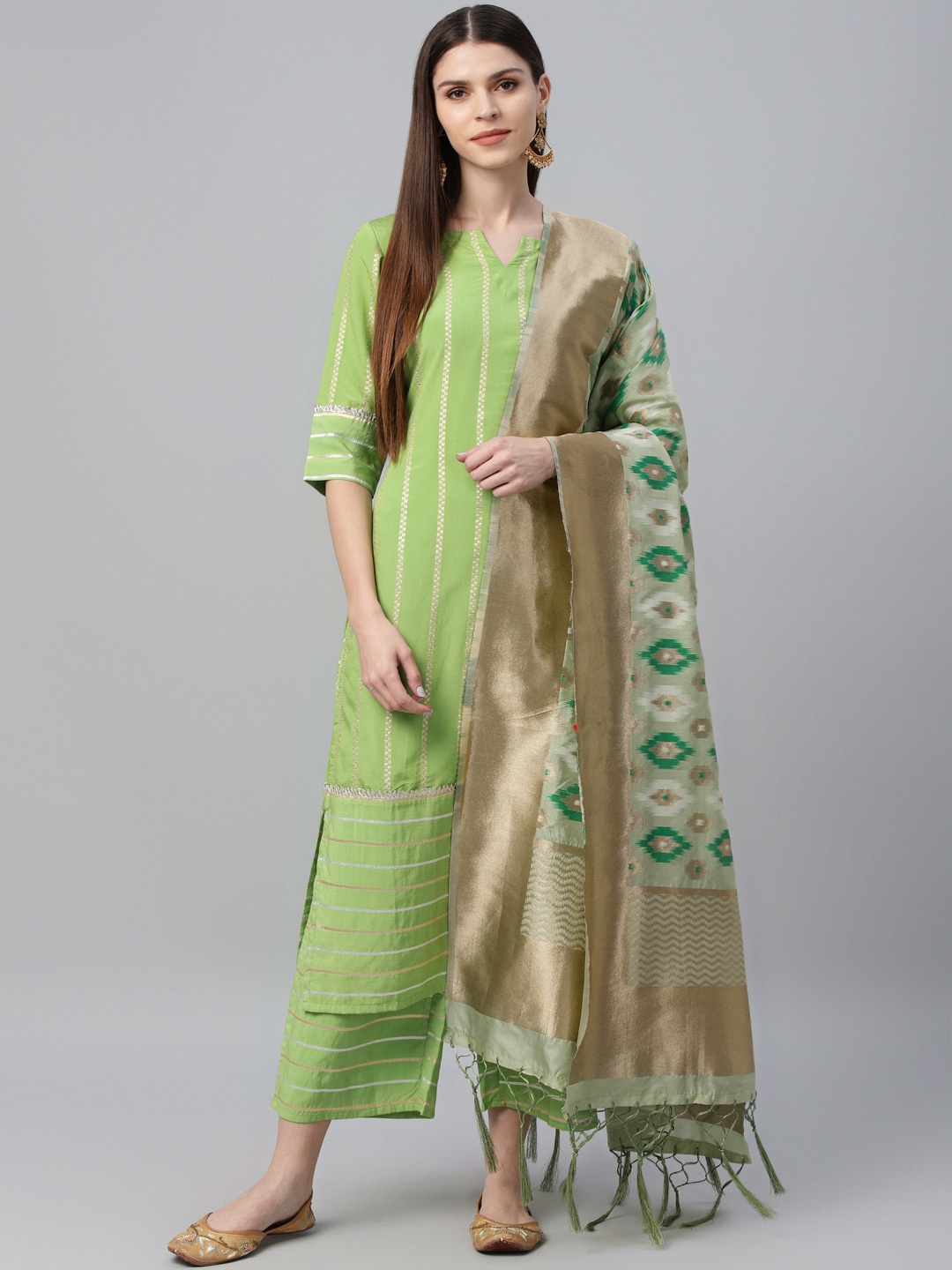 

Libas Women Green Striped Kurta with Palazzos & Dupatta