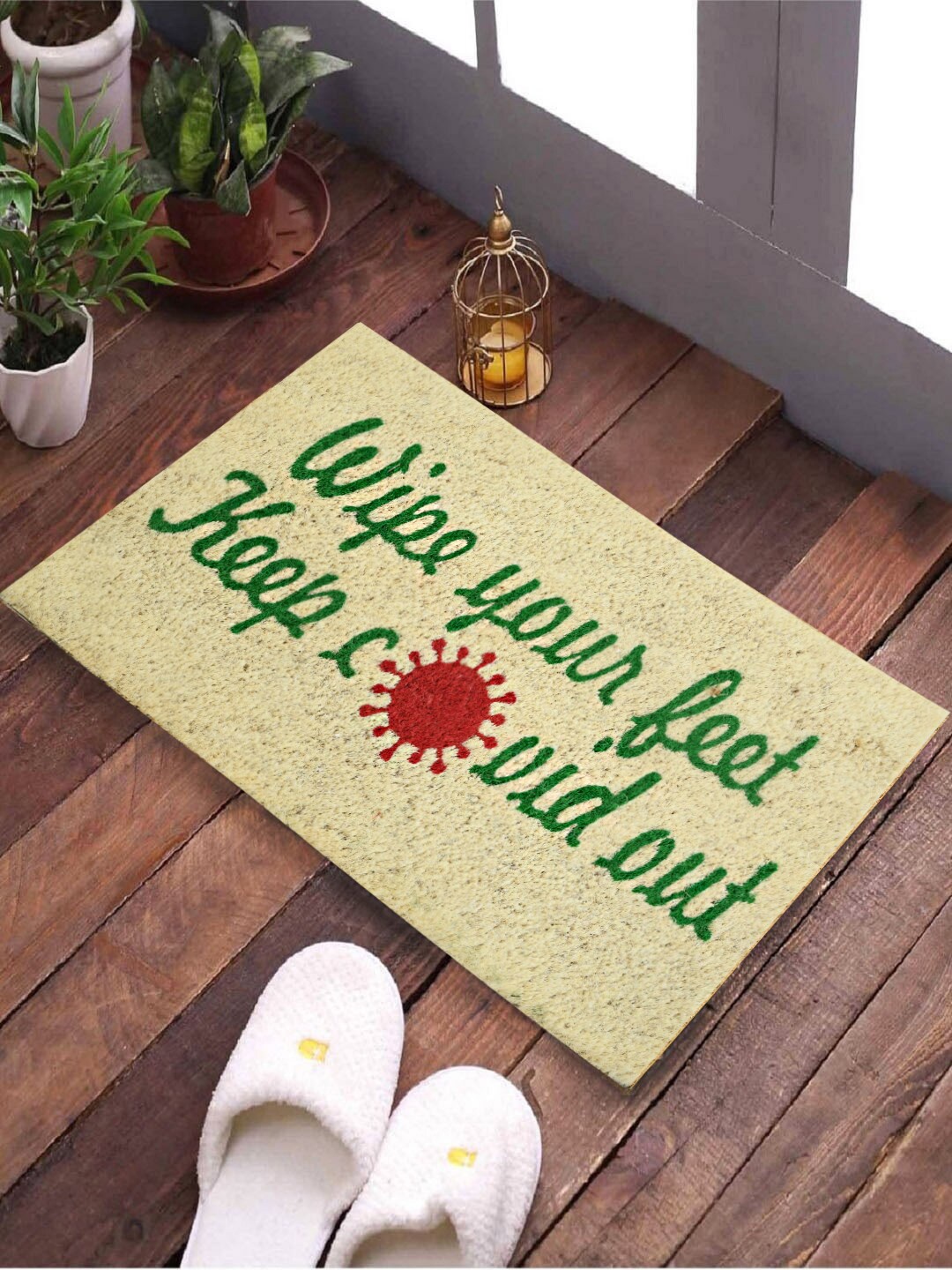 SWHF Beige & Green Printed Anti-Skid Coir Doormat