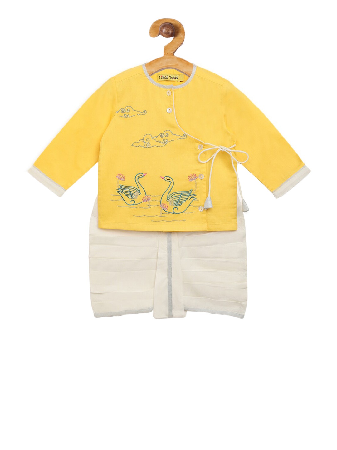 

Tiber Taber Boys Yellow & Off-White Embroidered Kurta with Dhoti Pants