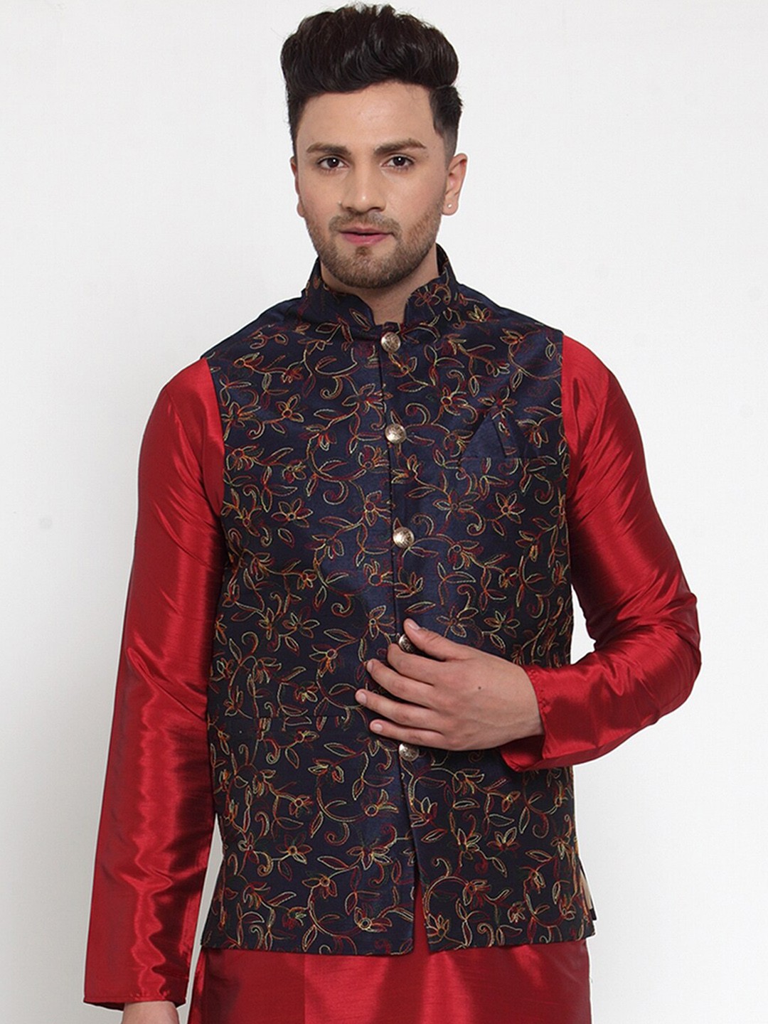 

Jompers Men Navy Blue Embroidered Regular Fit Nehru Jacket