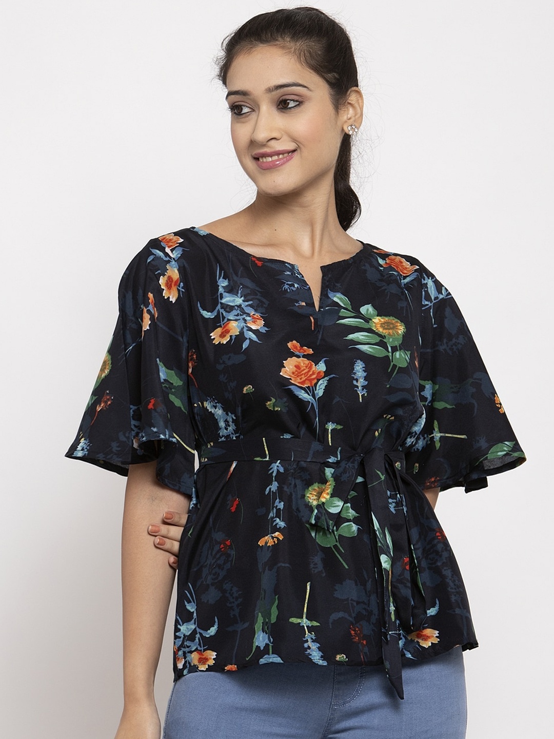 

Just Wow Women Black Printed Cinched Waist Top