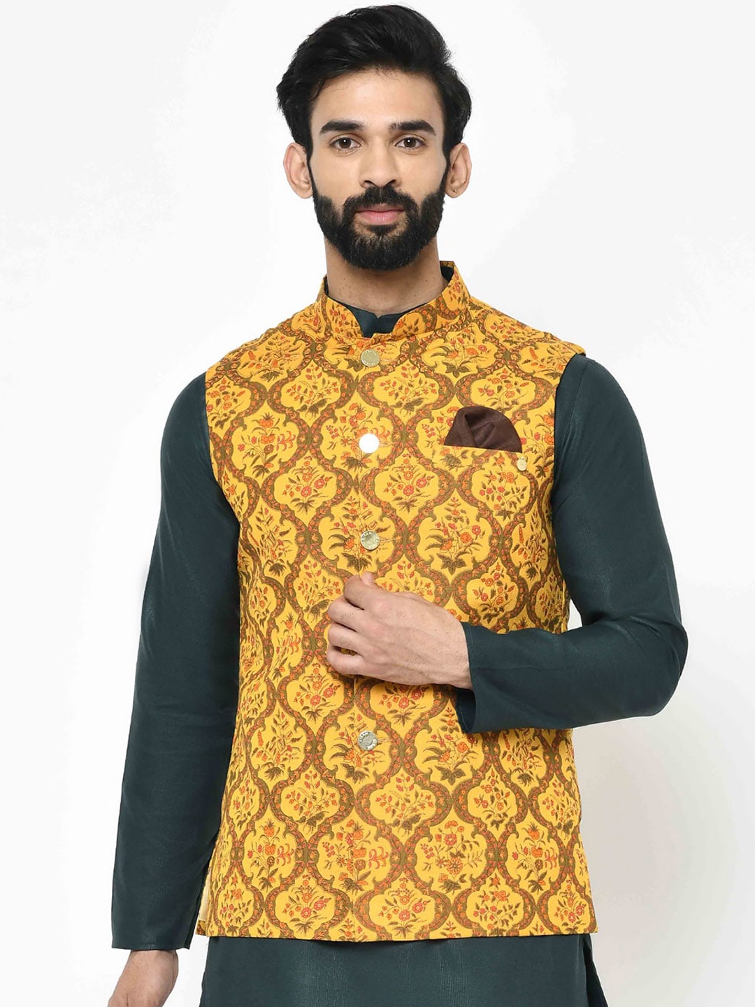 

Vartah Men Mustard Yellow & Orange Printed Nehru Jacket