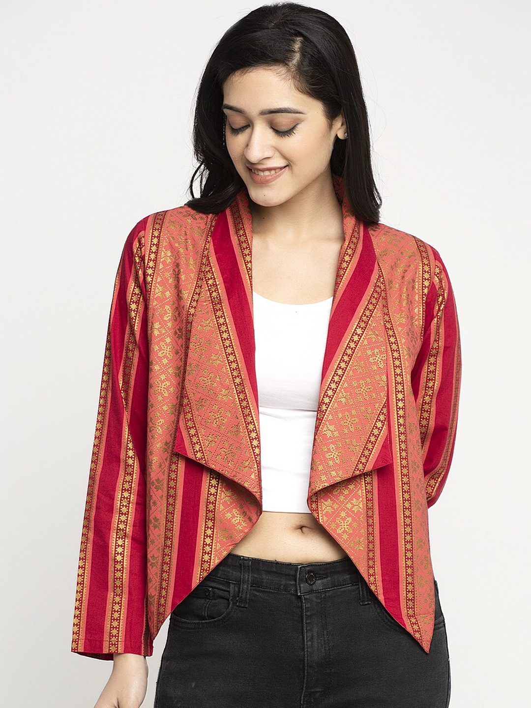 

Ayaany Women Red & Peach-Coloured Printed Open-Front Crop Shrug