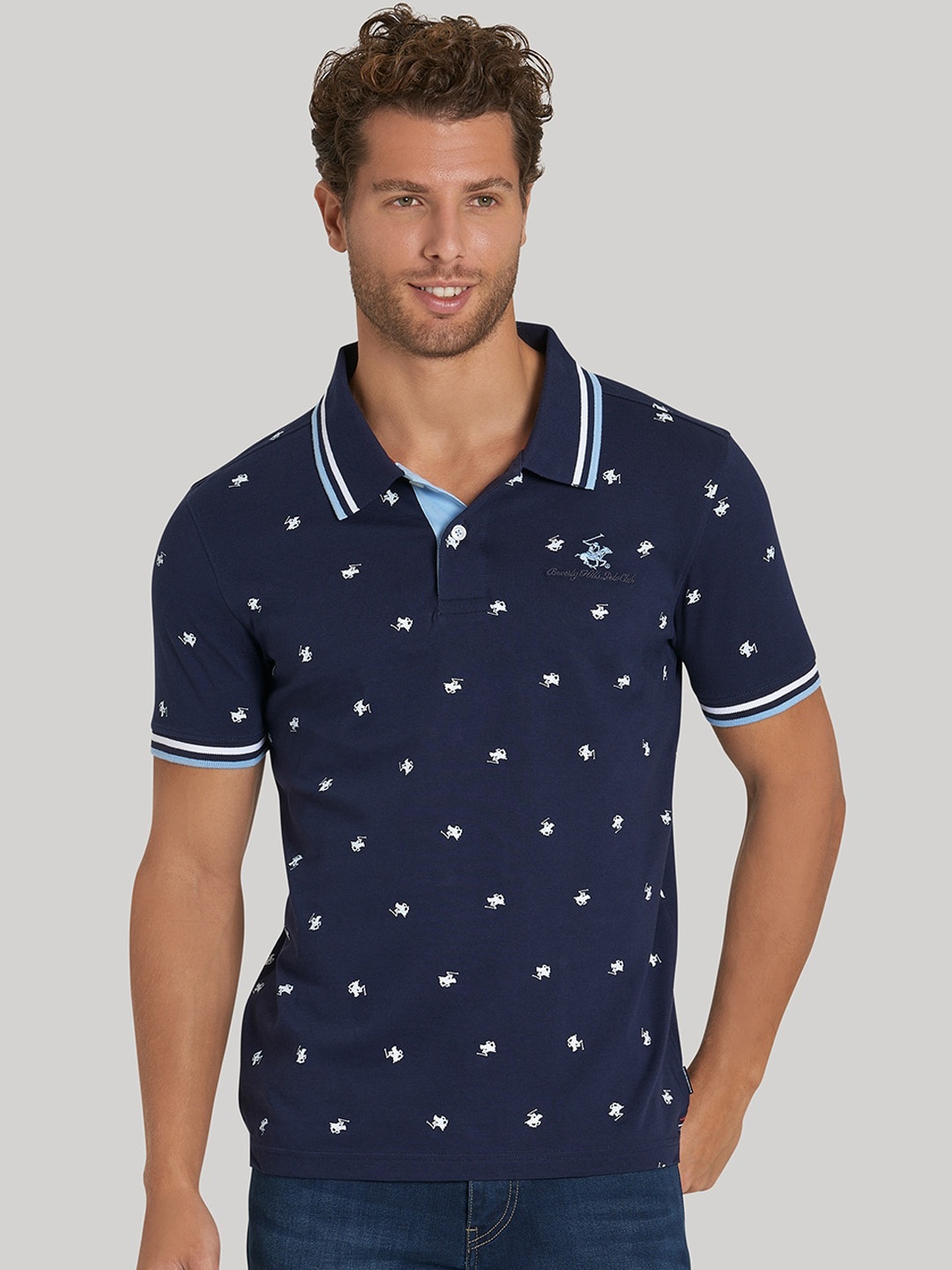 

Beverly Hills Polo Club Men Navy Blue Printed Polo Collar T-shirt