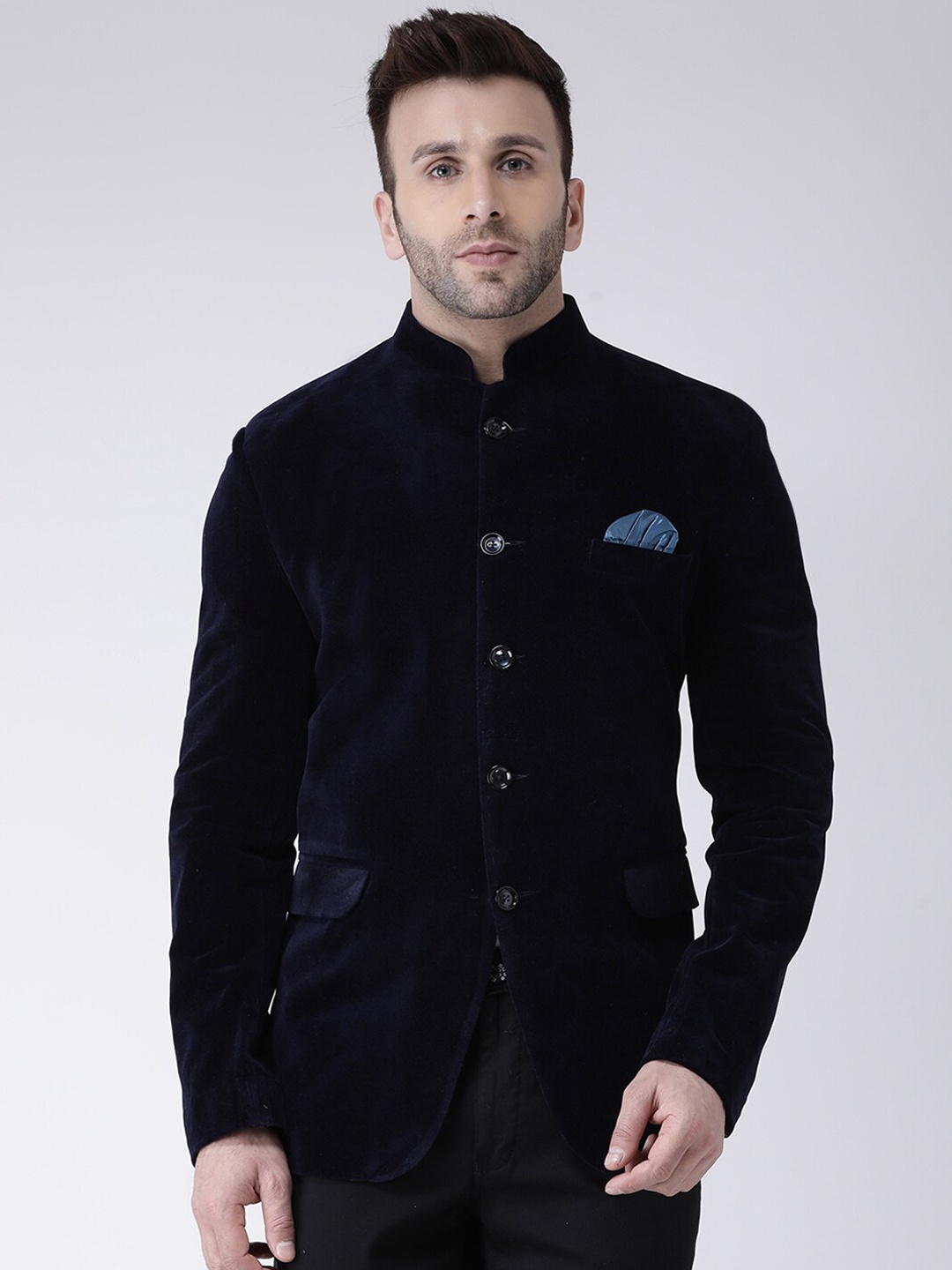 

Hangup Men Blue Solid Velvet Bandhgala Party Blazer