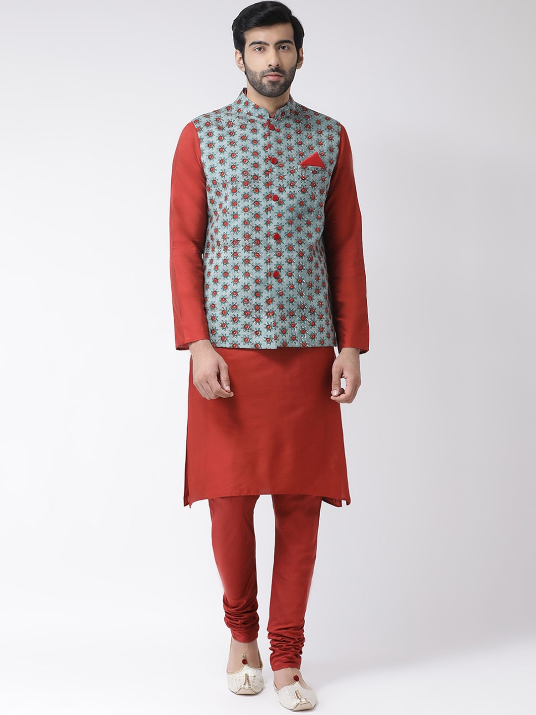 

Vartah Men Red & Blue Solid Kurta with Churidar & Nehru Jacket