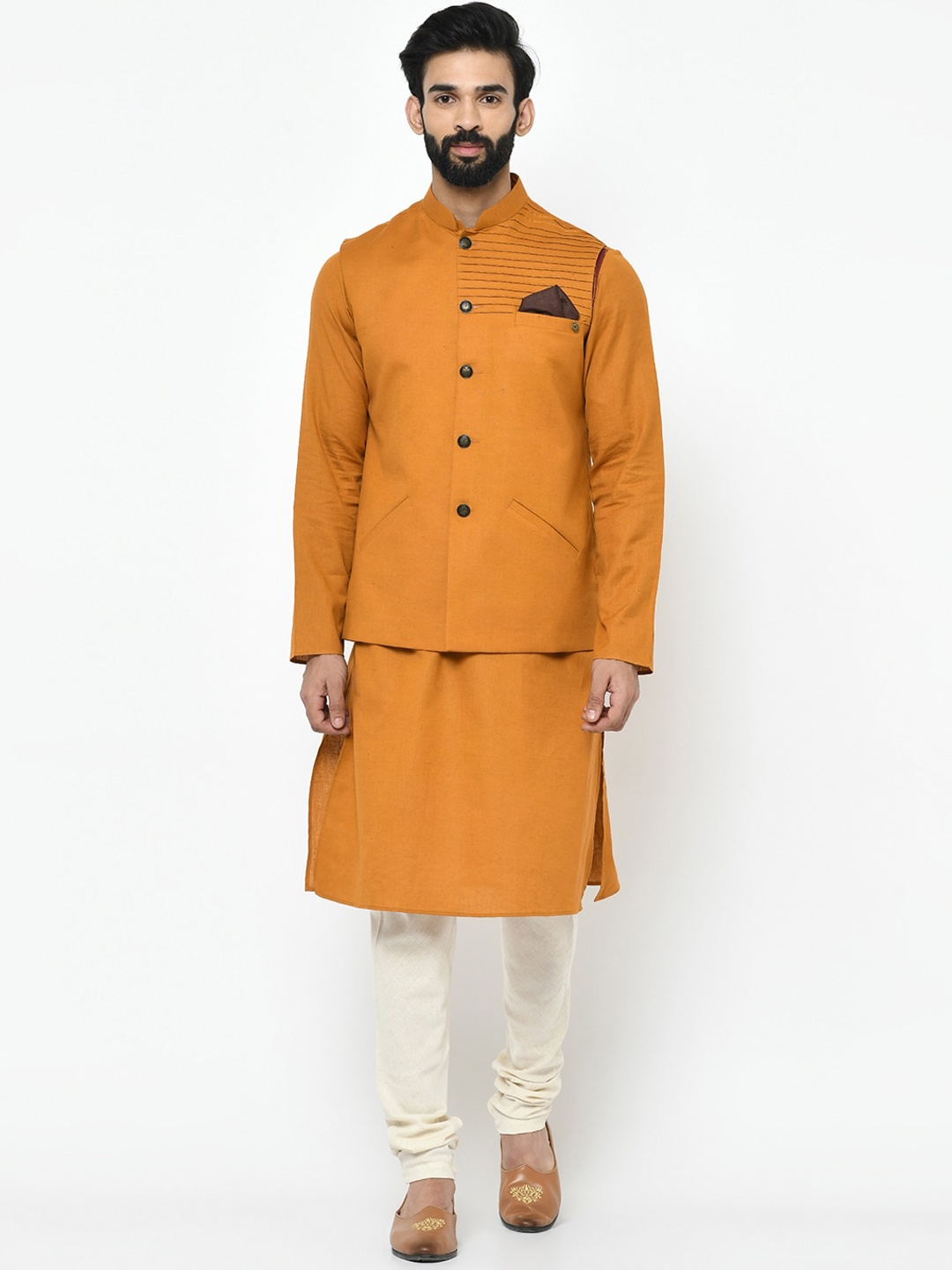 

KISAH Men Mustard Yellow & Off-White Solid Kurta with Pyjamas & Nehru Jacket