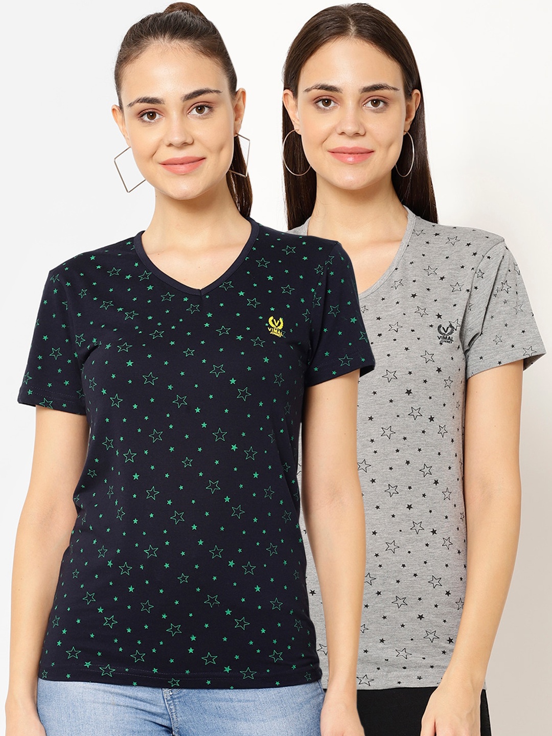 MACK JONNEY Women Pack Of 2 Printed V-Neck T-shirt, Grey