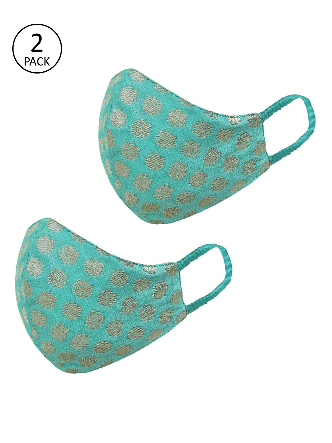 

Tossido Women 2 Pcs Sea Green & Gold-Coloured Printed Reusable 3-Ply Pure Chanderi Banarasi Protective Outdoor Masks