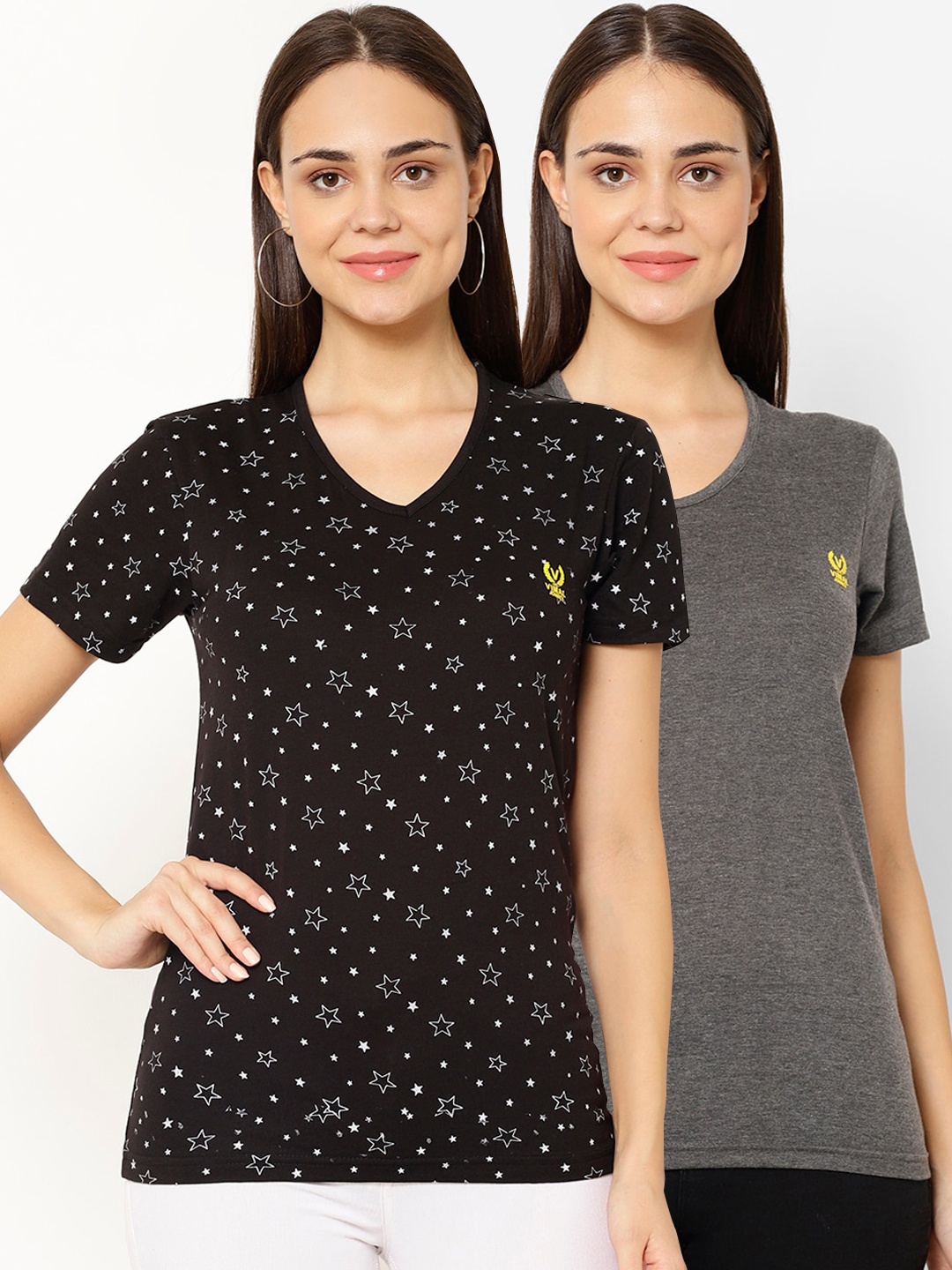 

VIMAL JONNEY Women Pack Of 2 Printed V-Neck T-shirt, Black