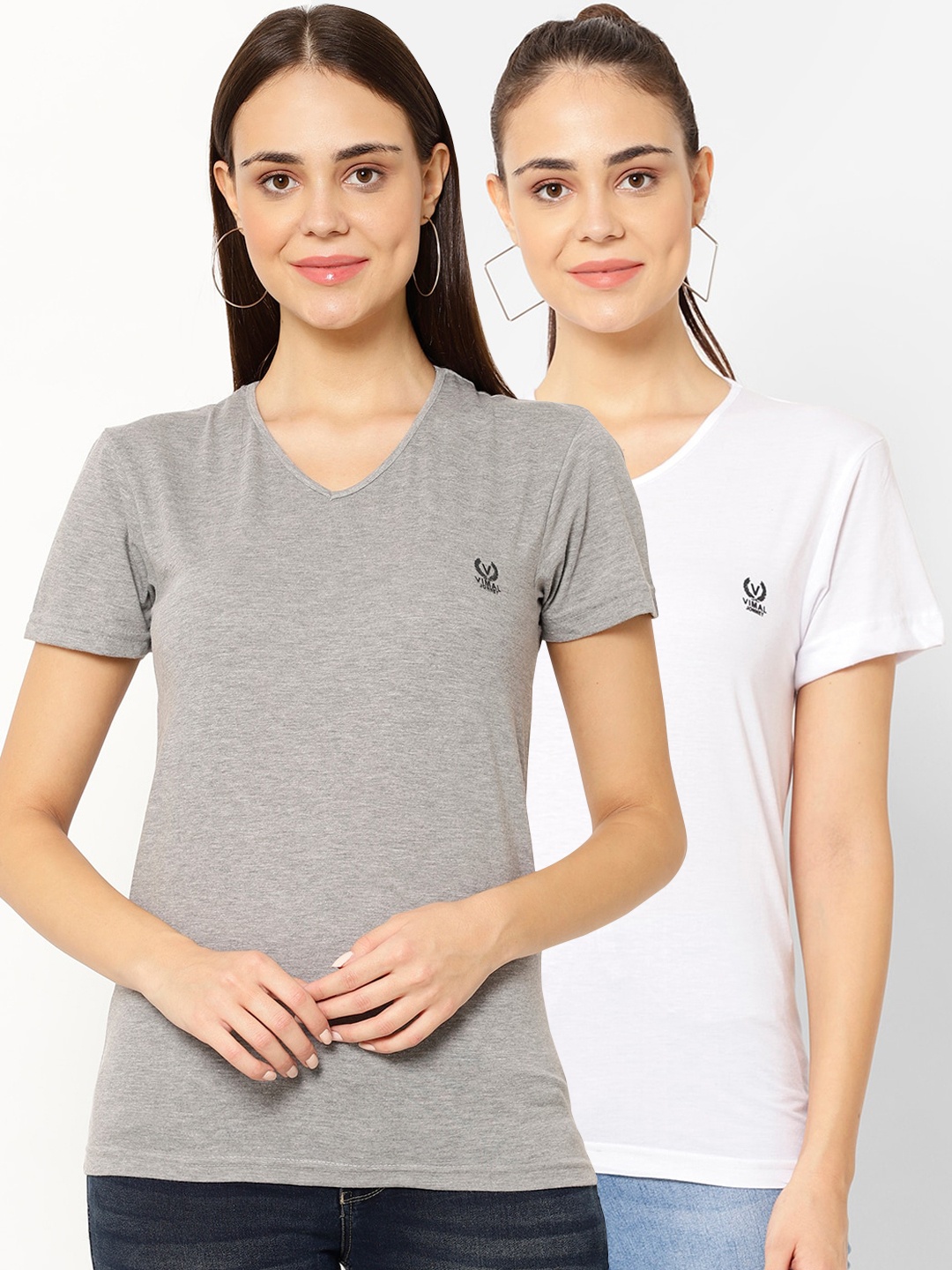 

MACK JONNEY Women Pack Of 2 Solid V-Neck T-shirt, Grey