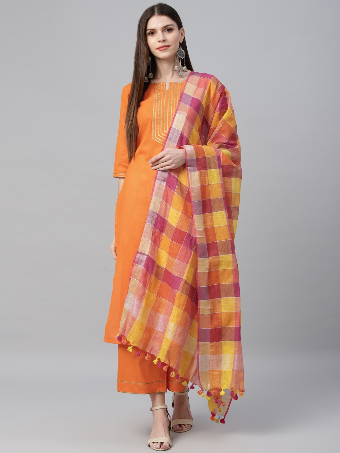 

Libas Women Orange Yoke Design Kurta with Trousers & Dupatta