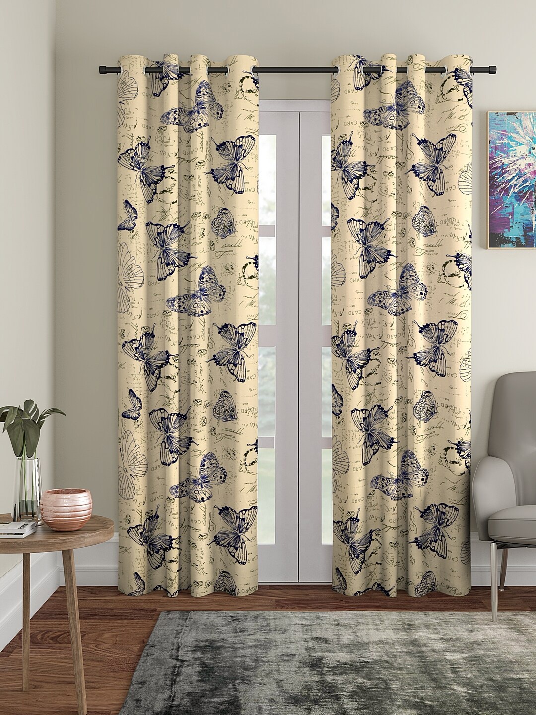 

Cortina Beige & Navy Blue Set of 2 Printed Long Door Curtains