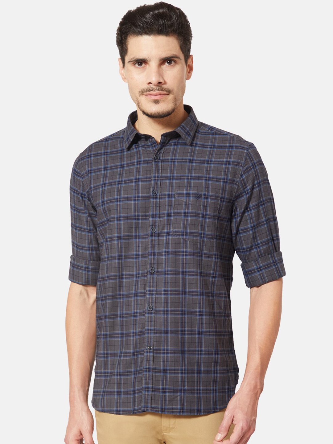 

J Hampstead Men Navy Blue & Grey Slim Fit Checked Casual Shirt