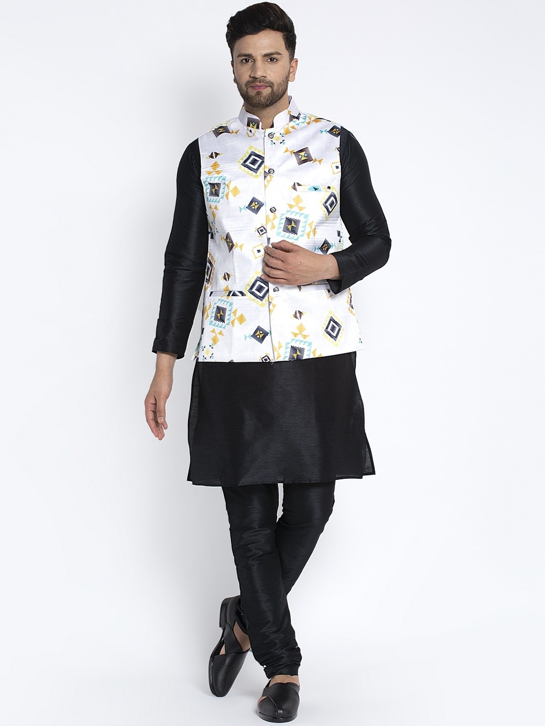

Benstoke Men Black & White Solid Kurta with Churidar & Nehru Jacket
