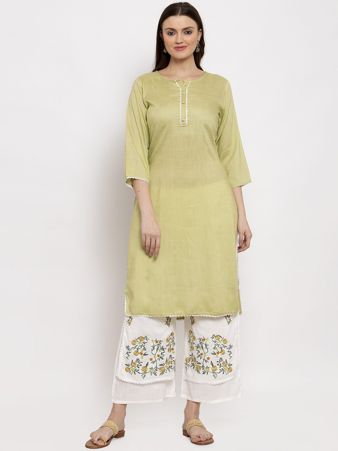 

Miaz Lifestyle Women Green & White Self Design Kurta with Trousers