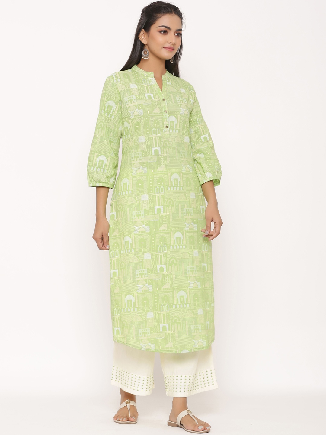 

fabGLOBAL Women Green Printed Kurta with Palazzos
