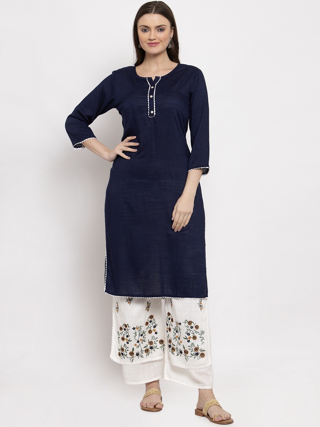 

Miaz Lifestyle Women Navy Blue & White Self Design Kurta with Palazzos