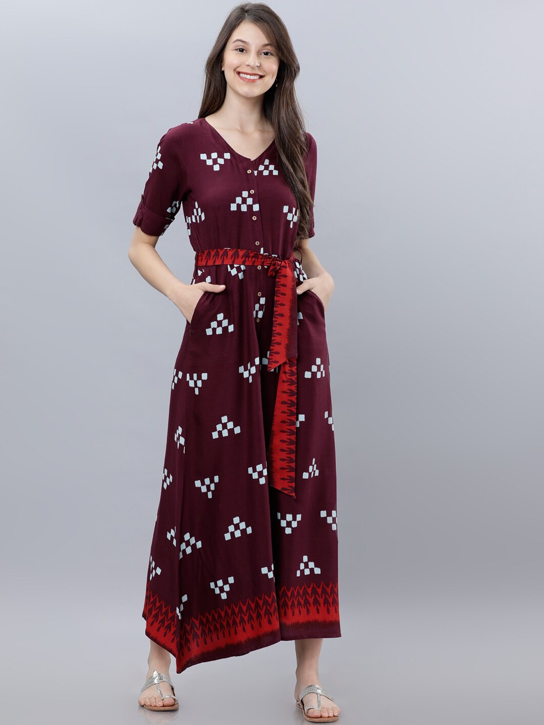 

Vishudh Women Maroon & White Printed Basic Jumpsuit With Belt