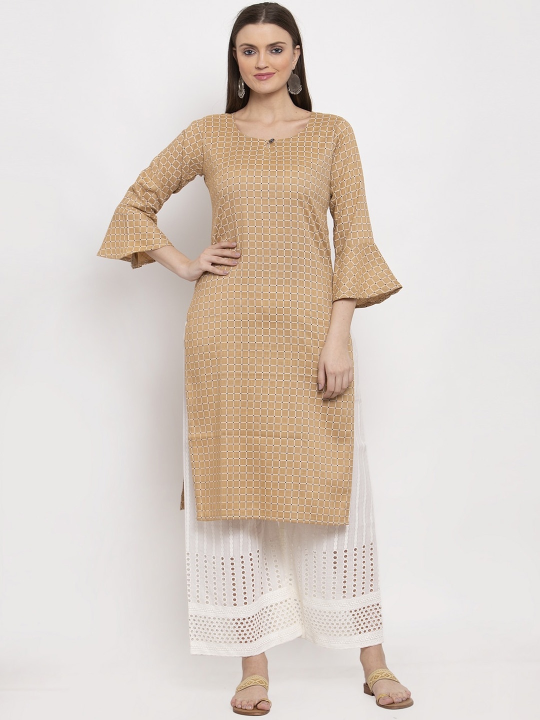 

Miaz Lifestyle Women Beige Checked Straight Kurta