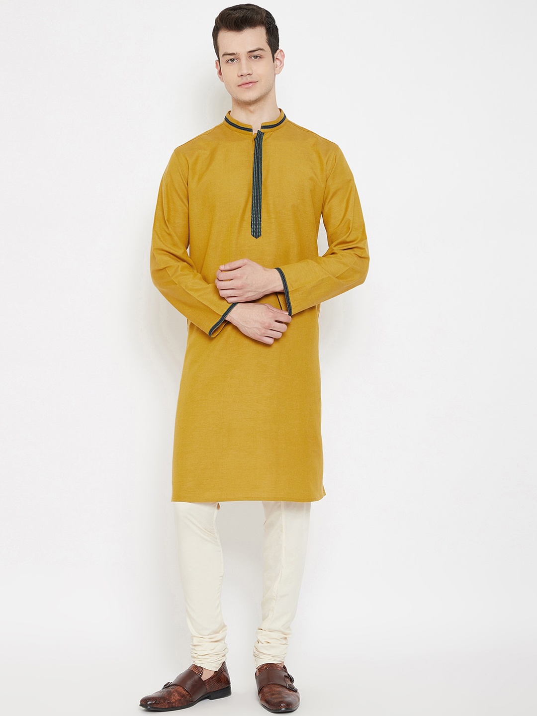 

even Men Mustard Yellow Solid Straight Kurta