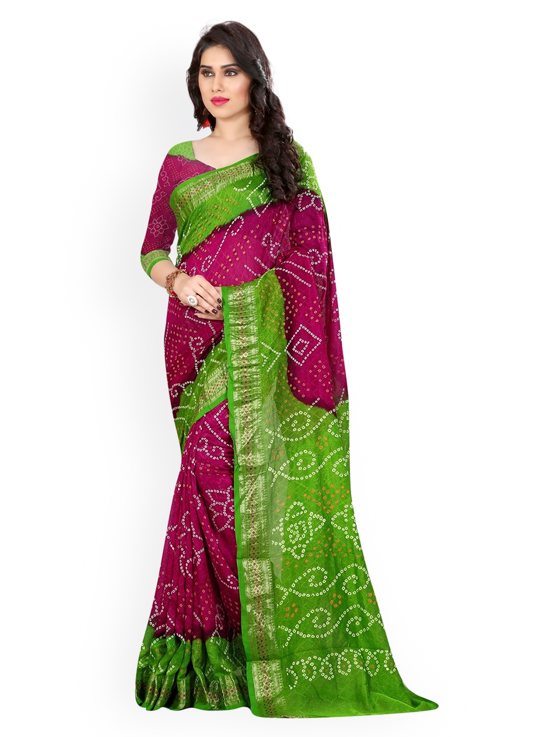 

Mitera Pink & Green Art Silk Printed Bandhani Saree