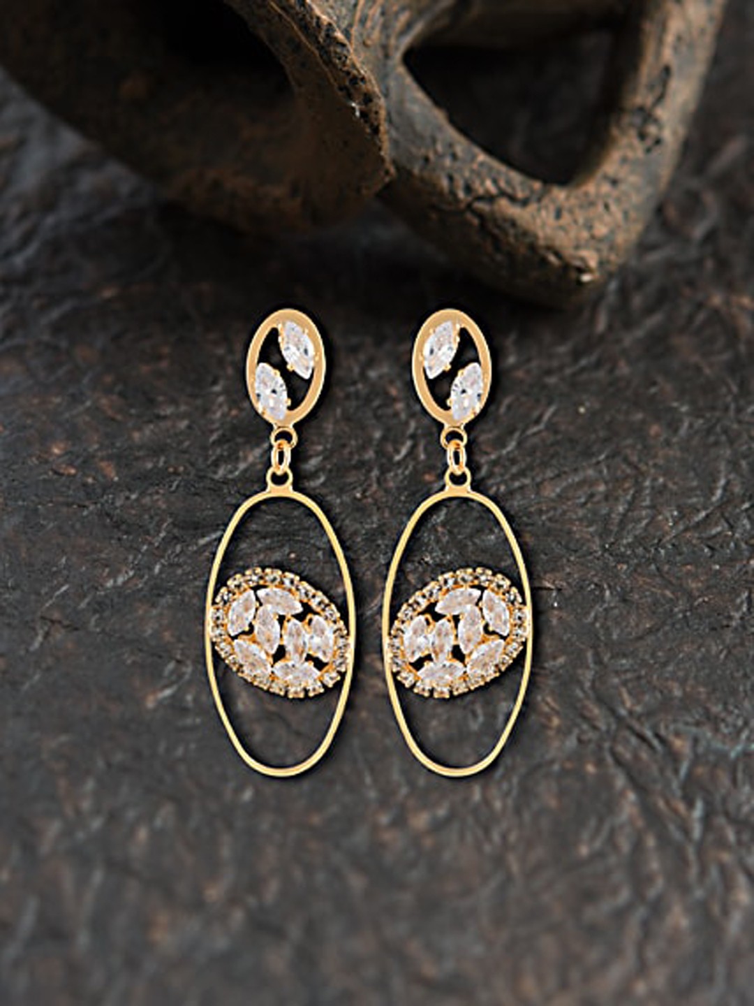 

E2O Gold-Plated Contemporary Stone-Studded Drop Earrings
