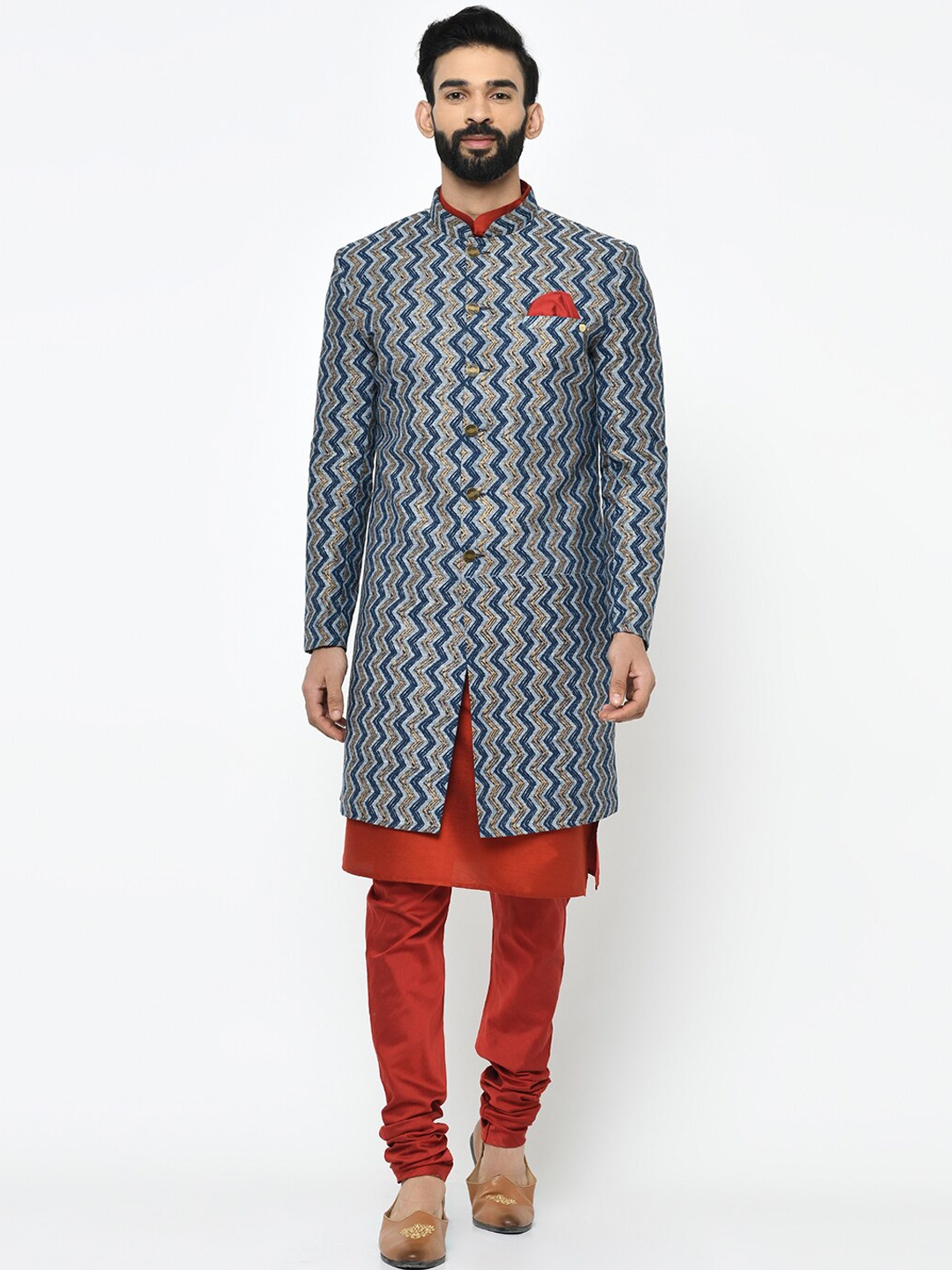 

Vartah Men Navy Blue & Red Printed Sherwani Set