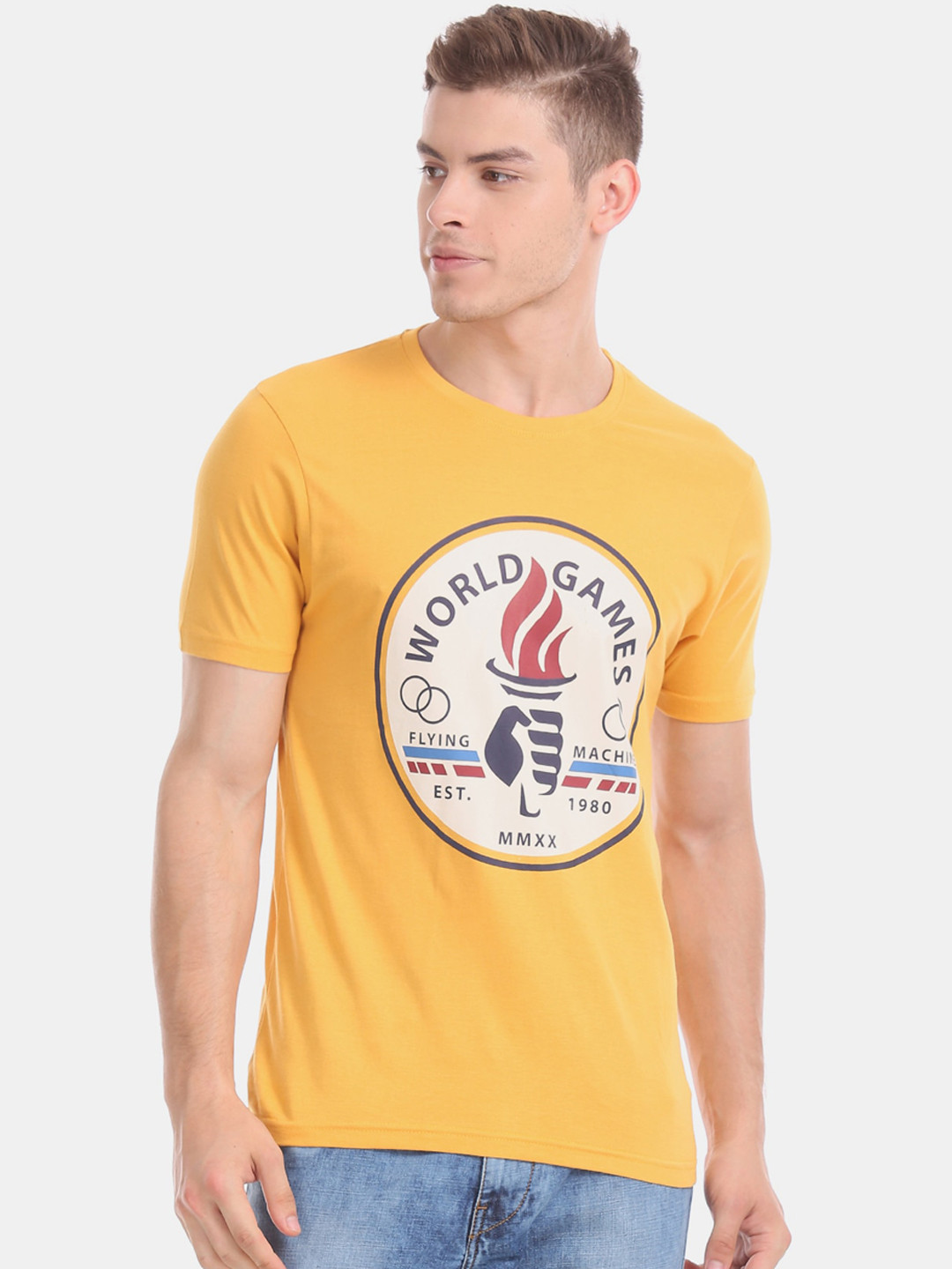 

Flying Machine Men Yellow Printed Round Neck Pure Cotton T-shirt