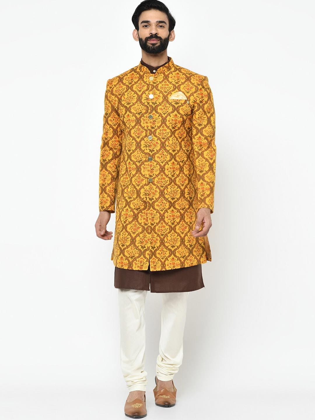 

Vartah Men Mustard-Yellow & Brown Printed Sherwani Set
