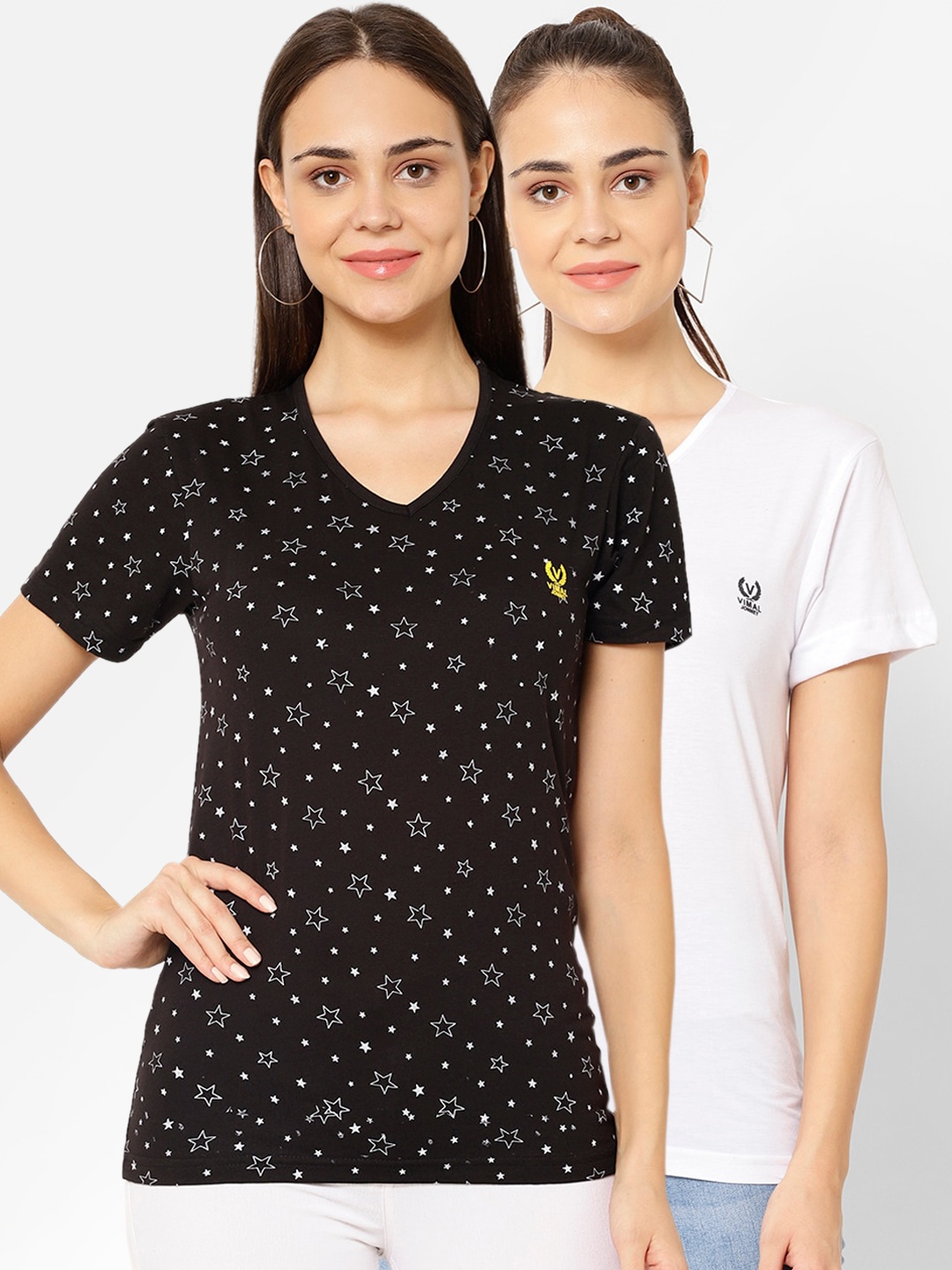 

MACK JONNEY Women Pack Of 2 Printed V-Neck T-shirt, Grey