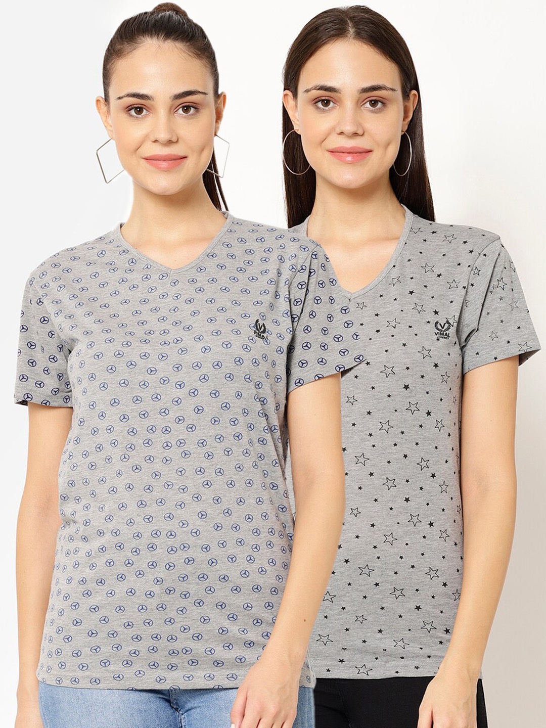 

MACK JONNEY Women Pack Of 2 Printed V-Neck T-shirt, Grey