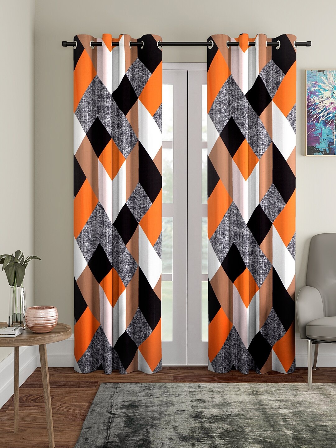 Cortina Orange & Grey Set of 2 Digital Printed Long Curtains