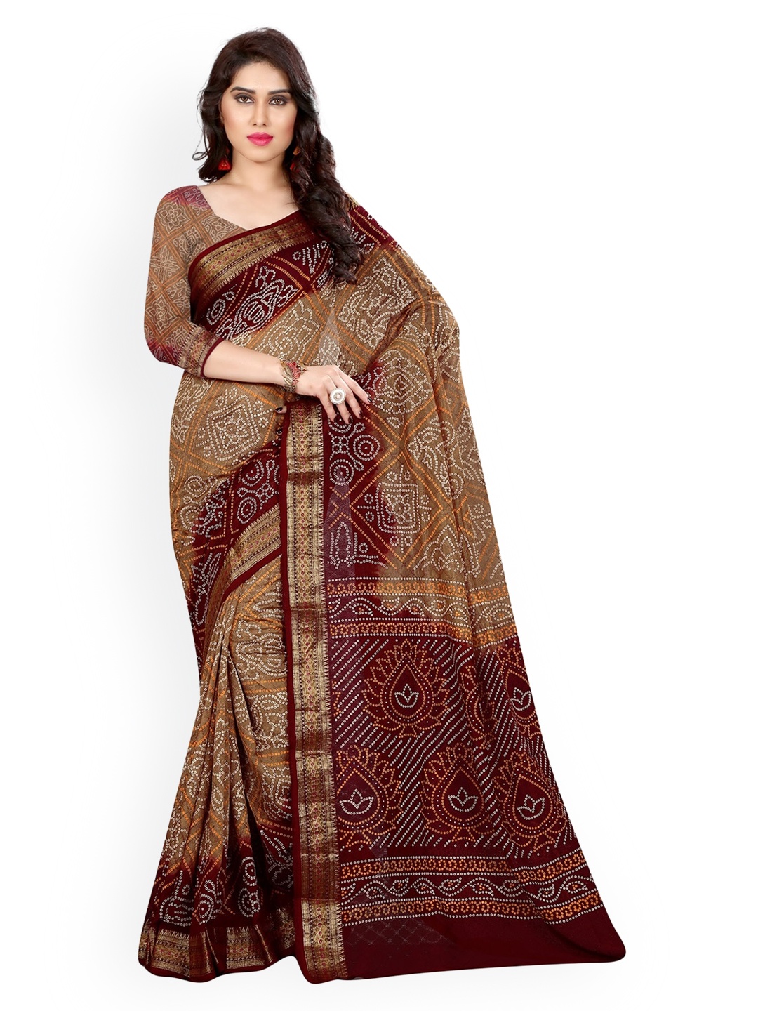 

Mitera Brown & Maroon Art Silk Printed Bandhani Saree