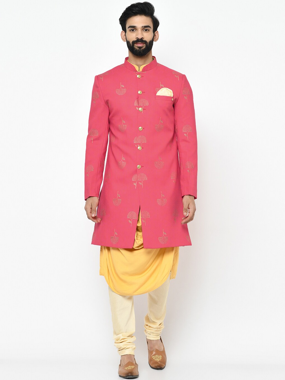 

Vartah Men Pink & Yellow Printed Sherwani Set