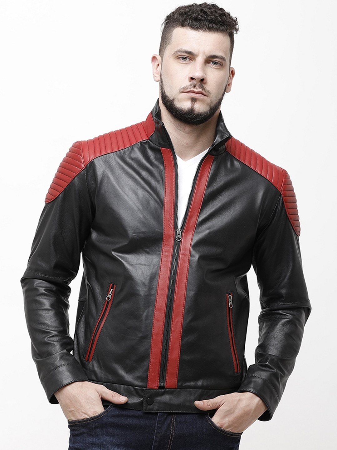 

MONOCHROME Men Black & Red Colourblocked Insulator Biker Jacket