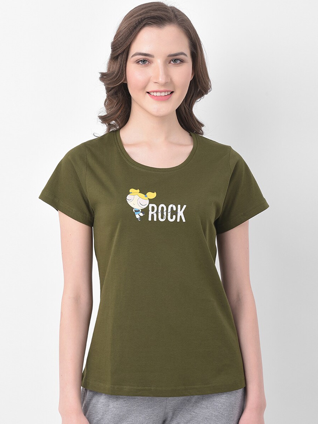 

Clovia Women Olive Green Powerpuff Girls Printed Lounge T-Shirt