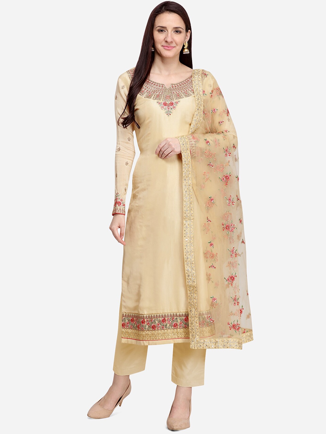 

Stylee LIFESTYLE Beige Tussar Silk Semi-Stitched Dress Material