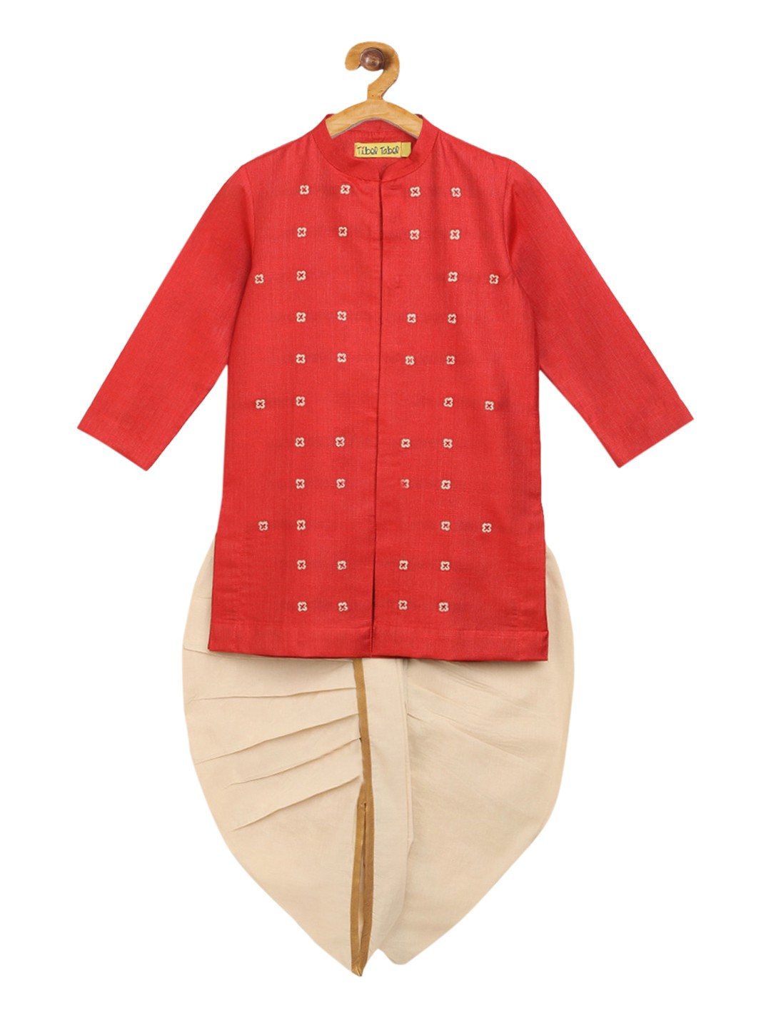 

Tiber Taber Boys Red & Beige Self Design Kurta with Dhoti Pants