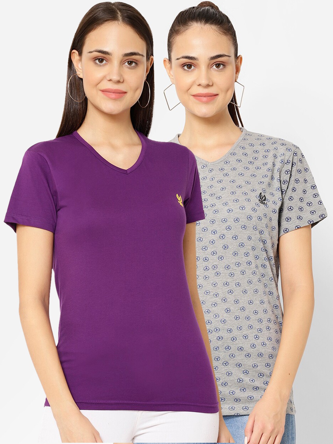 

MACK JONNEY Women Pack Of 2 Solid V-Neck T-shirt, Purple