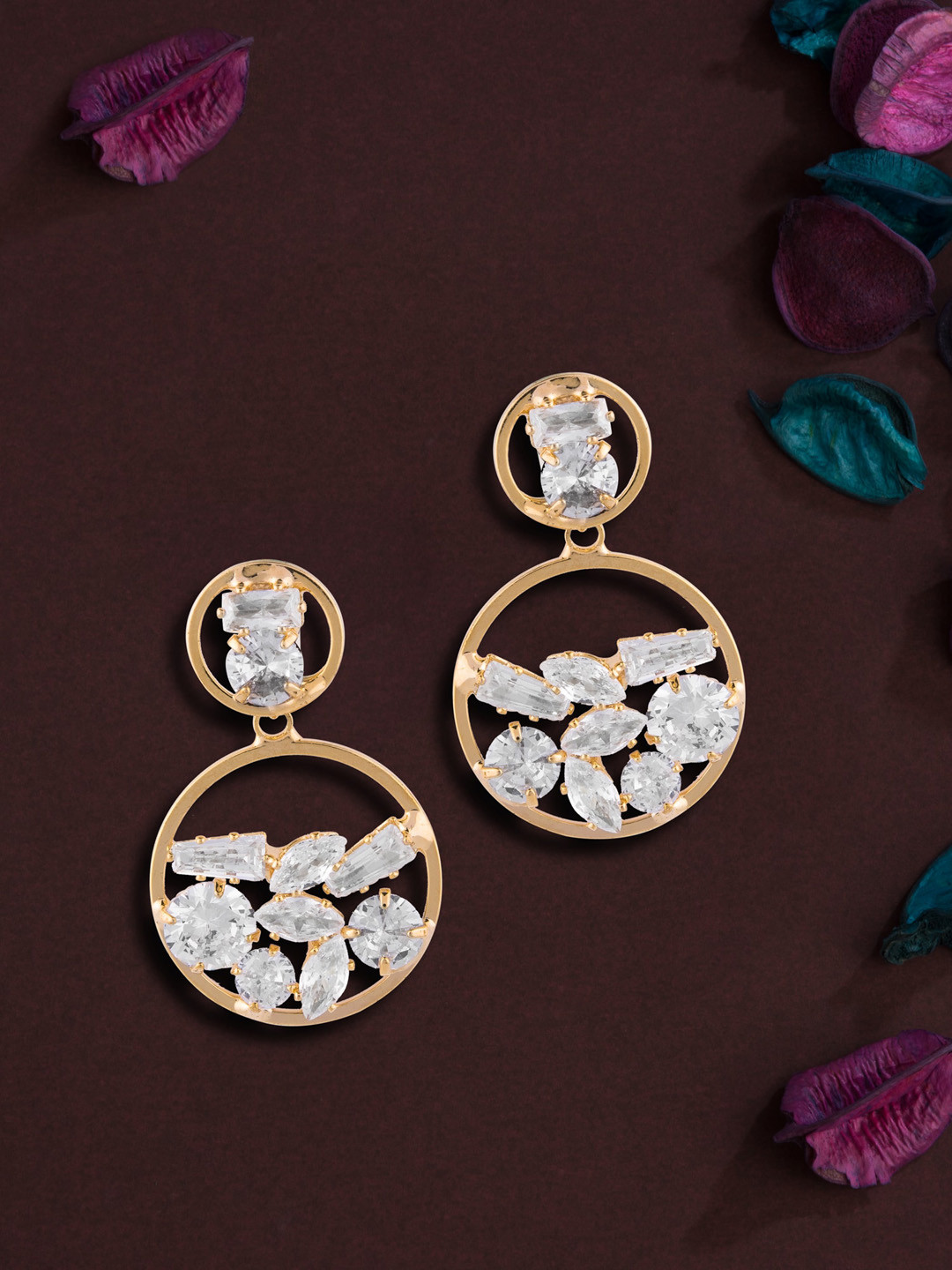 

E2O Gold-Plated Stone-Studded Contemporary Drop Earrings