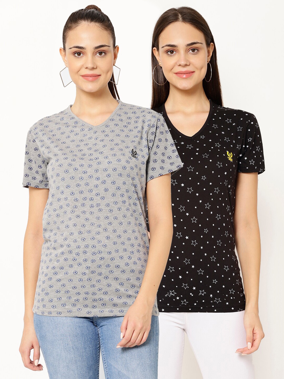 MACK JONNEY Women Pack Of 2 Printed V-Neck T-shirt, Grey
