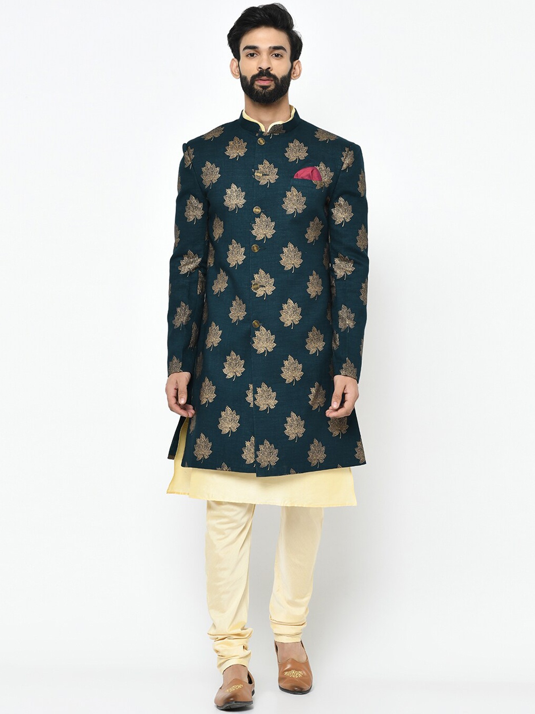 

Vartah Men Teal Blue & Cream-Coloured Printed Kurta Sherwani Set