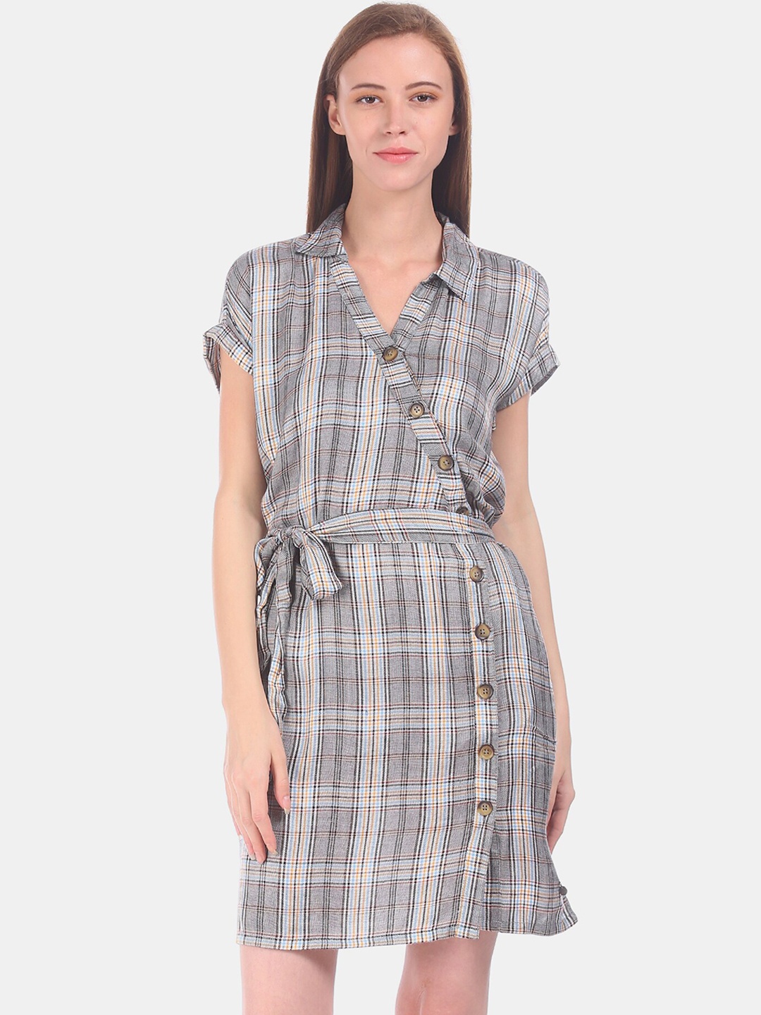 

Cherokee Women Grey Checked Wrap Dress