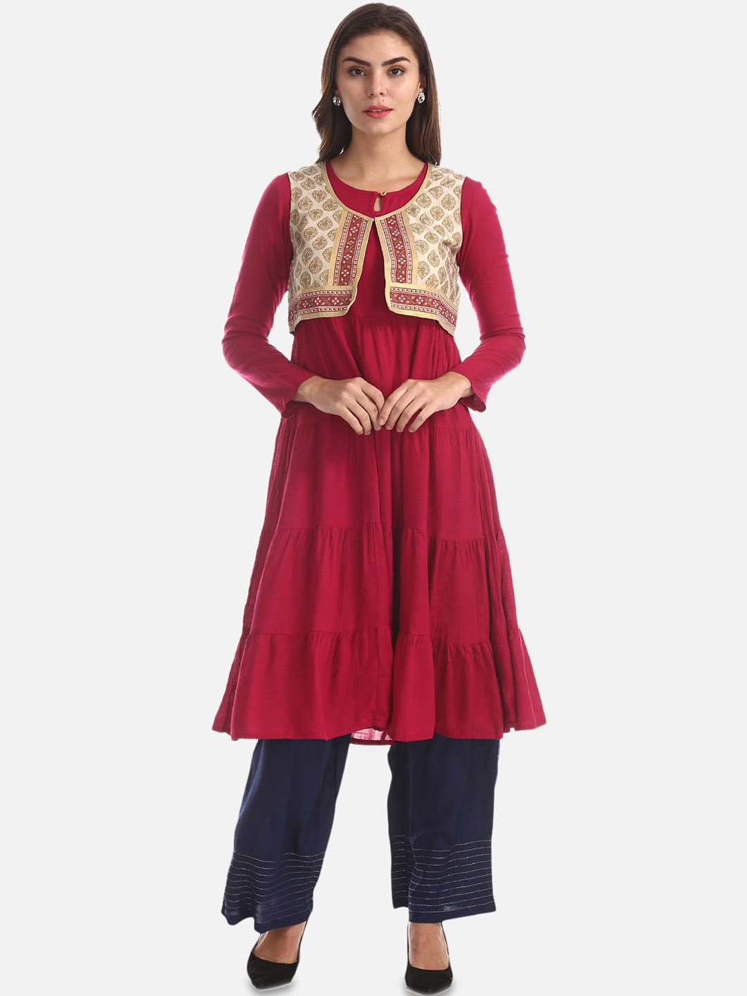 

Anahi Women Red Solid Anarkali Kurta With Ethnic Jacket