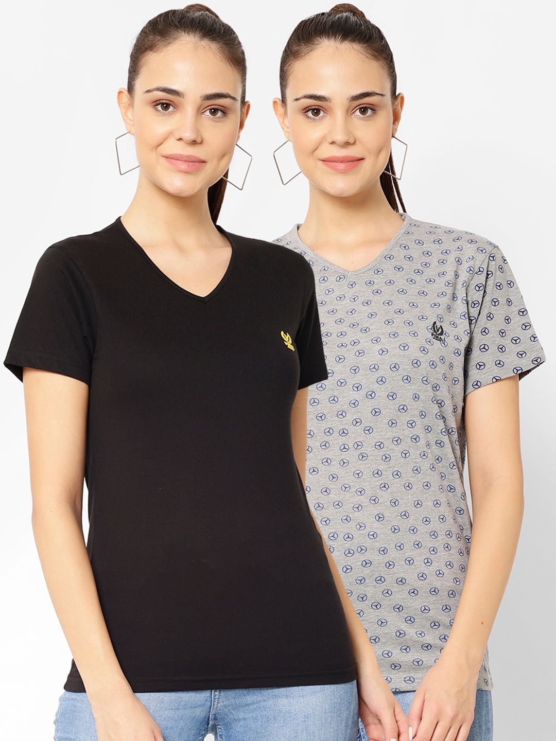 MACK JONNEY Women Pack Of 2 Solid V-Neck T-shirt, Black